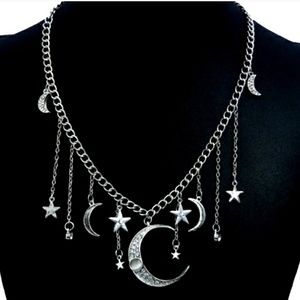 Silver Crescent Moon Star Necklace